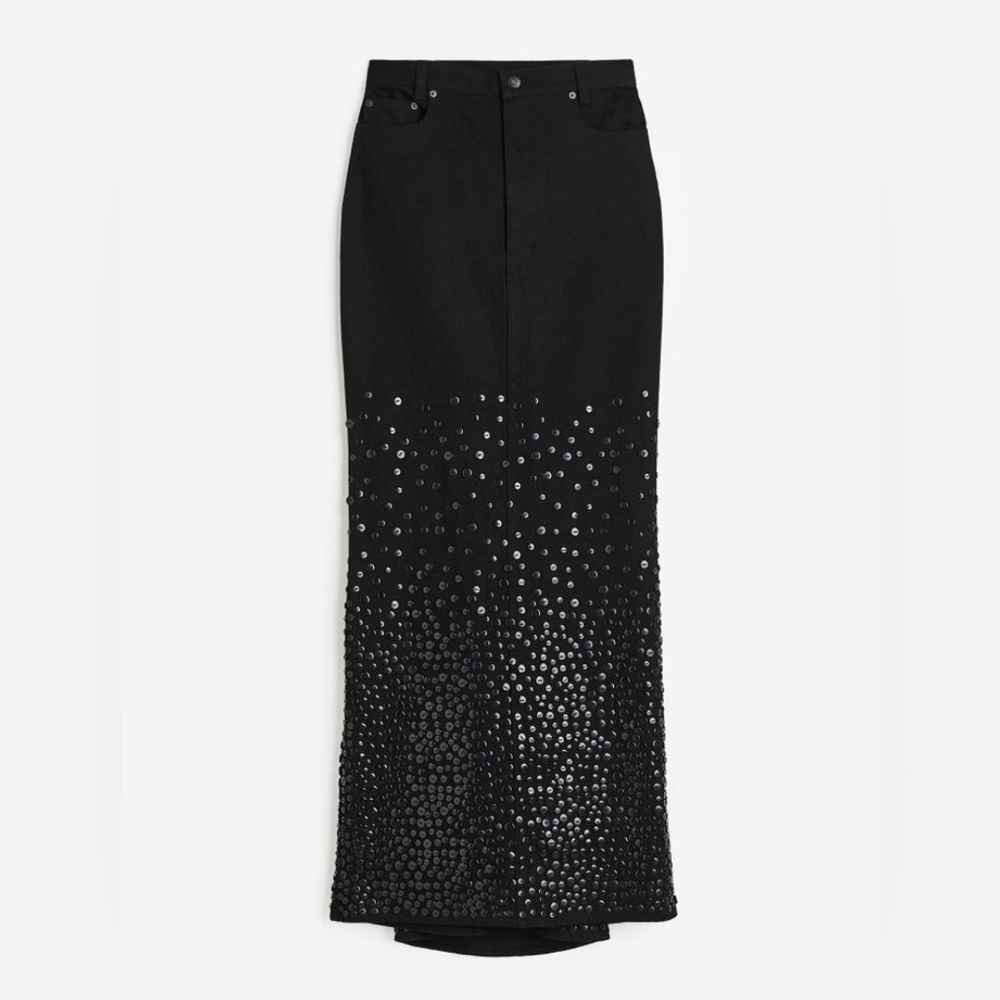 Beaded detail denim skirt with train